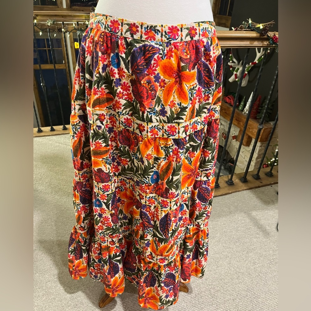 Farm Rio for Anthropologie sz L Skirt Orange Red Print 100% Cotton